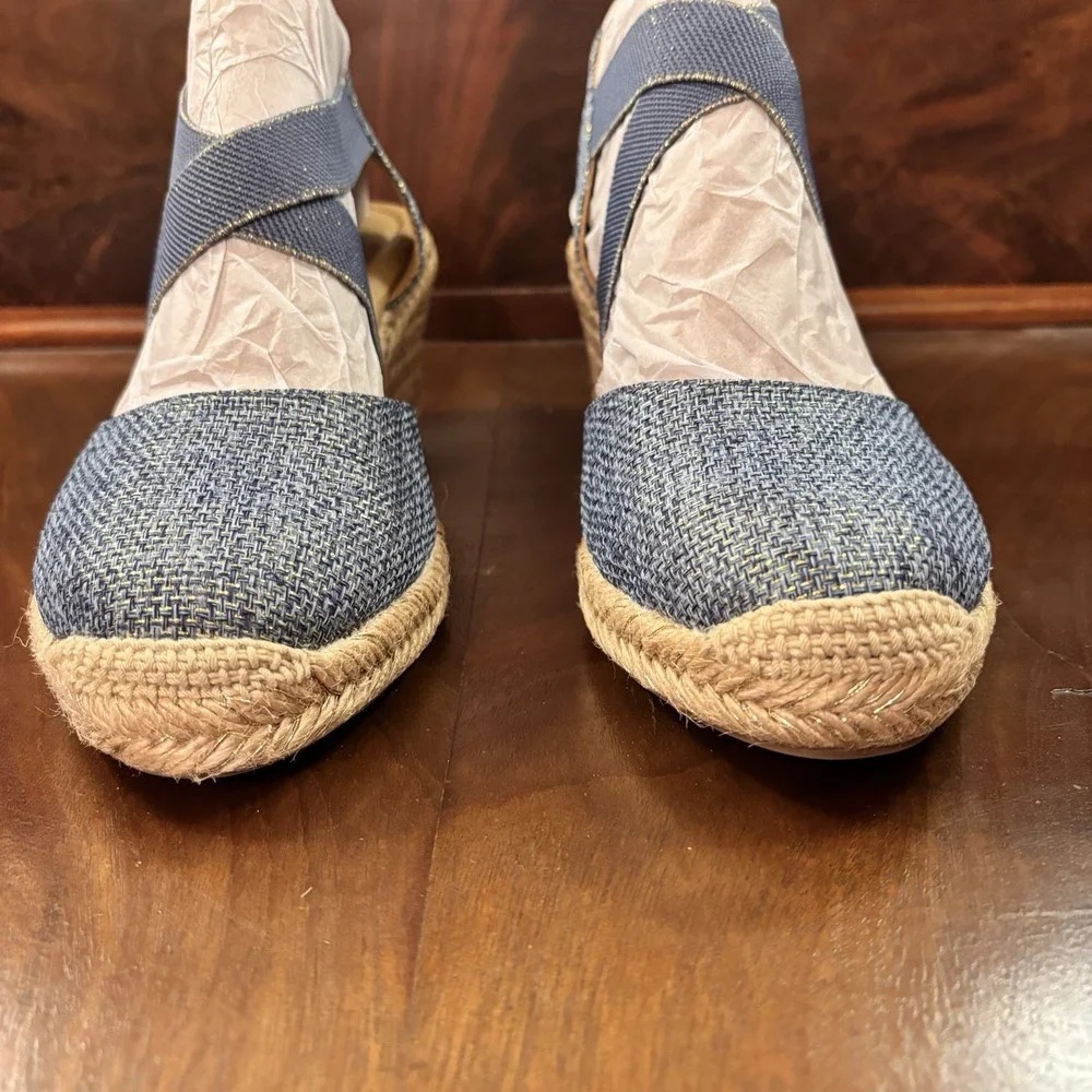 Easy‎ Spirit Meza2 Wedge Espadrille Sandals Blue Size 9M Elastic Strappy Comfort
